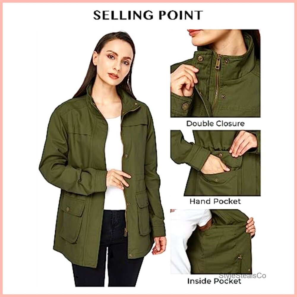 Women's Cotton Military Utility Jacket Slim Fit Anorak Coat Casual - Picture 5 of 7